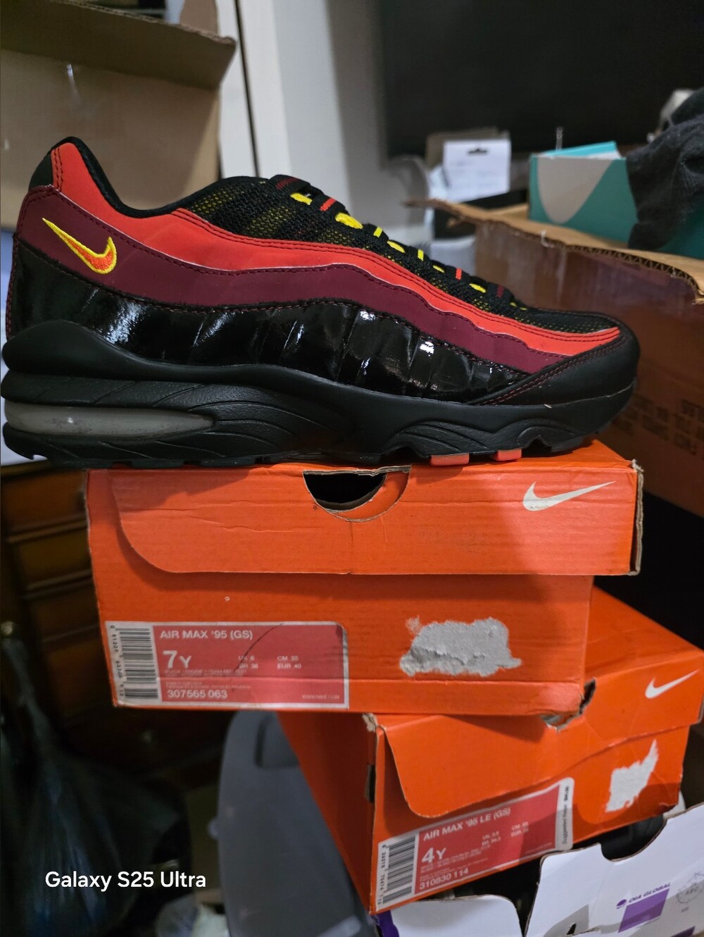 Nike Air Max 95 Black Red with Yellow Accents. New In Box. 7Y/8.5W